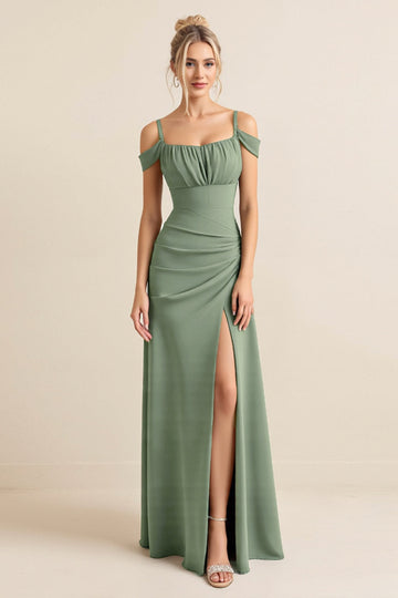 Eucalyptus Sheath Cold Shoulder Ruched Long Bridesmaid Dress with Slit